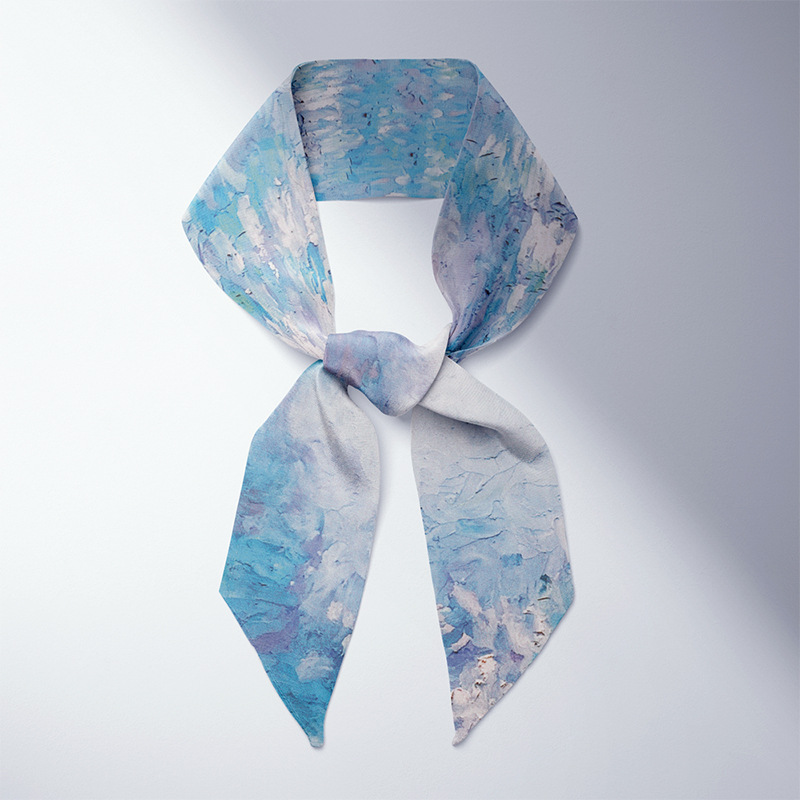 Verano larga pequeña bufanda de seda femenina Van Gogh campo de trigo cielo estrellado pintura al óleo delgada estrecha larga pequeña bufanda de seda corbata de pelo decoración femenina