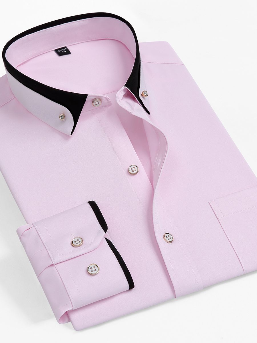 Camisa elástica de manga larga antiarrugas hebilla de diamante contraste color collar hombres de negocios casual Four Seasons camisa de bolsillo para hombre