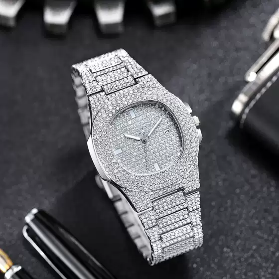 European and American Hip-Hop Elements Fashion Full Diamond Men's and Women's Watch Square Large Gold Watch Fashion Trend Steel Band Quartz Watch