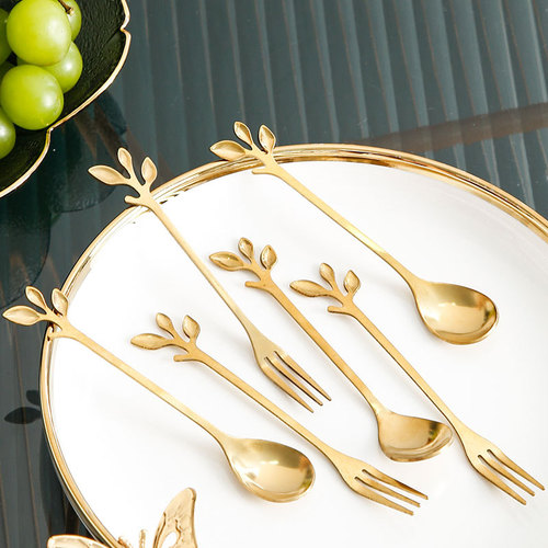 Internet celebrity fork small spoon golden leaf fruit fork storage jar dessert creative home cute cake fork