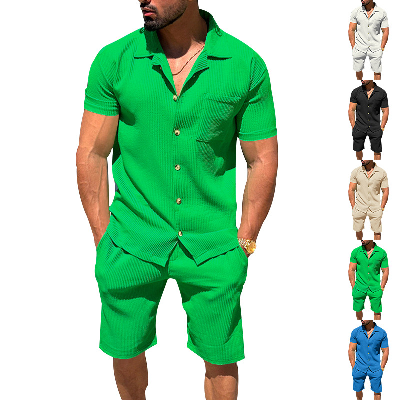 European and American Amazon New Men's Lar Collar Cardigan Shorts 2 suit Summer Solid Color Vertical Stripe Short Sleeve Shorts