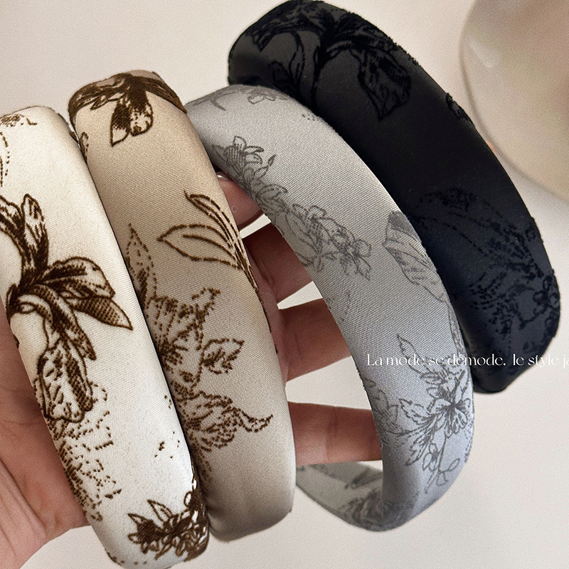 新款高級感緞面海綿香檳色國風絲絨印花寬壓發發箍優雅氣質款頭箍