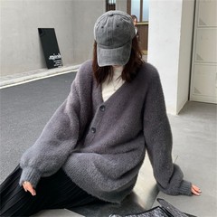 日本無地ミンクベルベット V ネックニットカーディガン 2025 春と秋の新緩い怠惰なスタイルのファッションセーターの女性のジャケット