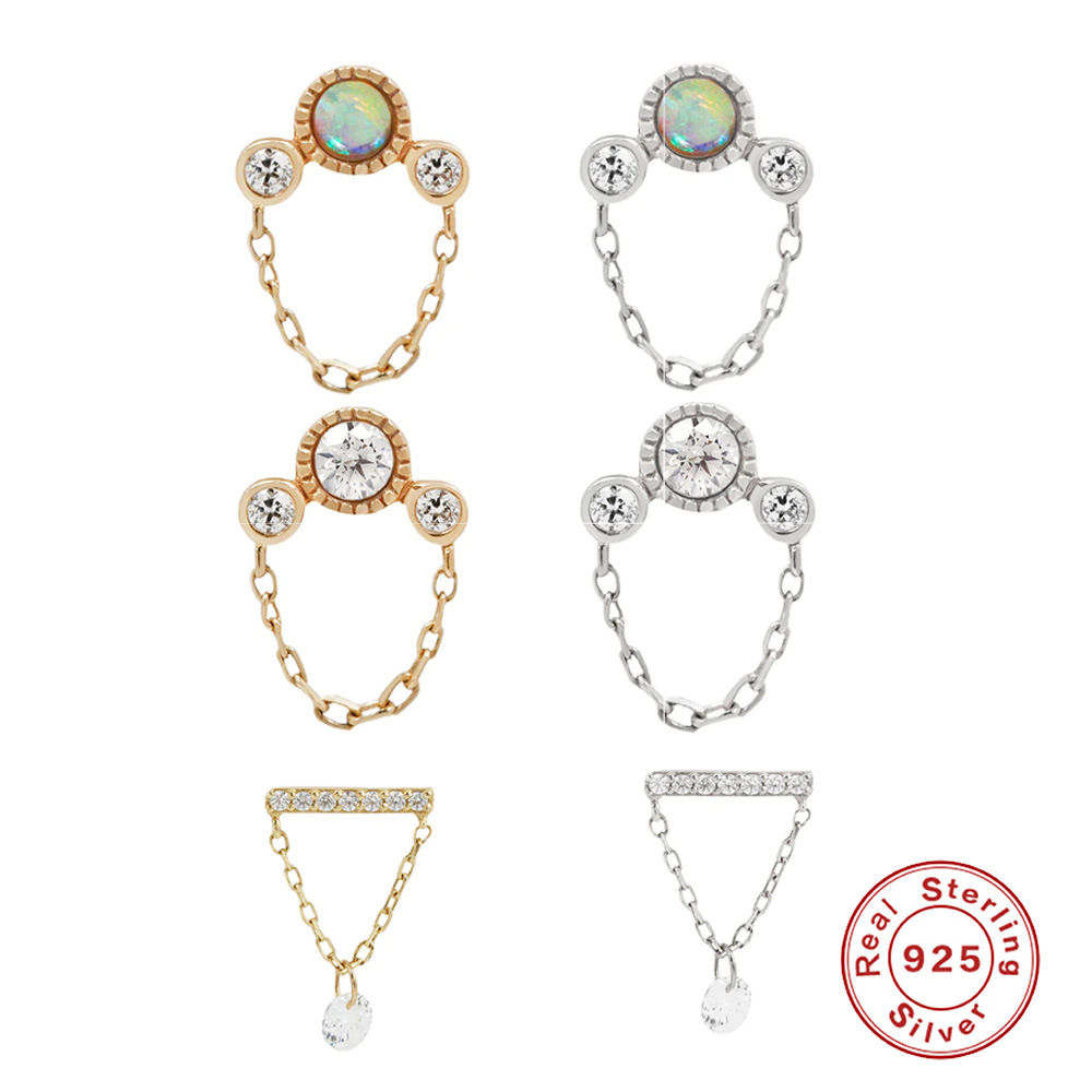 Nuevo actualizado s925 plata esterlina triple diamante borla cadena hilo oído hueso Stud moda exquisita pendientes