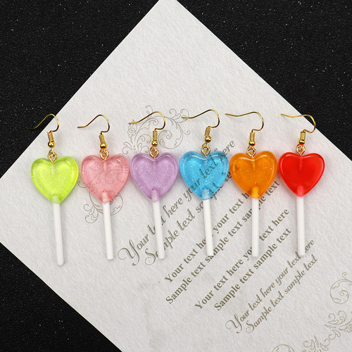 Japanese and Korean personalized glitter candy color love lollipop earrings ins cute and fresh girly style peach heart earrings