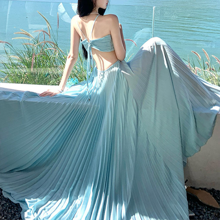 French-Style High-End Light Blue Hollow-Out Halter Neck Dress, Sexy Pleated Vacation Long Dress for Summer French-Style High-End Light Blue Hollow-Out Halter Neck Dress, Sexy Pleated Vacation Long Dress for Summer