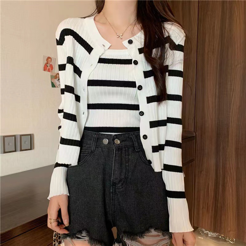 81g Weight Long Sleeve Sleeve Length Single Breasted Placket Type Ice Silk, Polyester Fabric Type Short Top Length Knitwear Tops Type Daily Occasion Round Neck Neckline Slim Fit Type Stripe Pattern Spring, Autumn Season Women's Gender Casual Style Wholesale Women's Ice Silk Polyester Casual Stripe Long Sleeve Sweaters & Cardigans 30