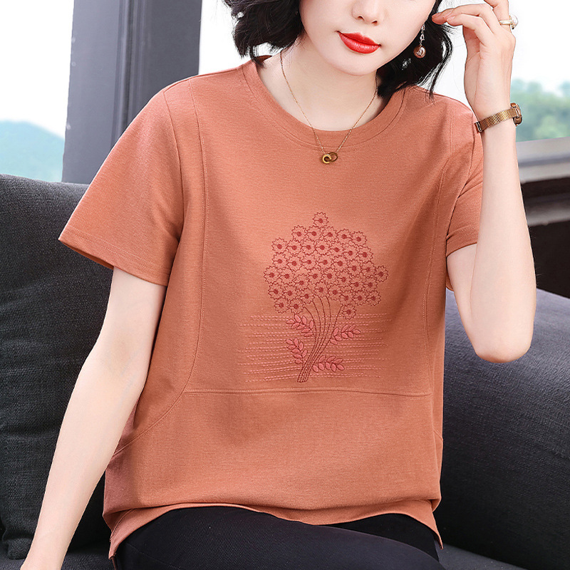 2025 Mother's Summer Short-sleeved Round Neck Top Casual plus size 40-year-old Middle-aged Women's Summer T-shirt Cotton Embroidered