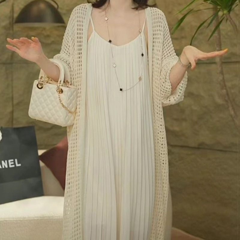 Elegant Mesh Knit Cardigan with Hollow-Out Design, New Loose-Fitting Sun-Protective Air-Conditioning Jacket for Spring and Summer, Lazy Style Long Coat with Long Sleeves