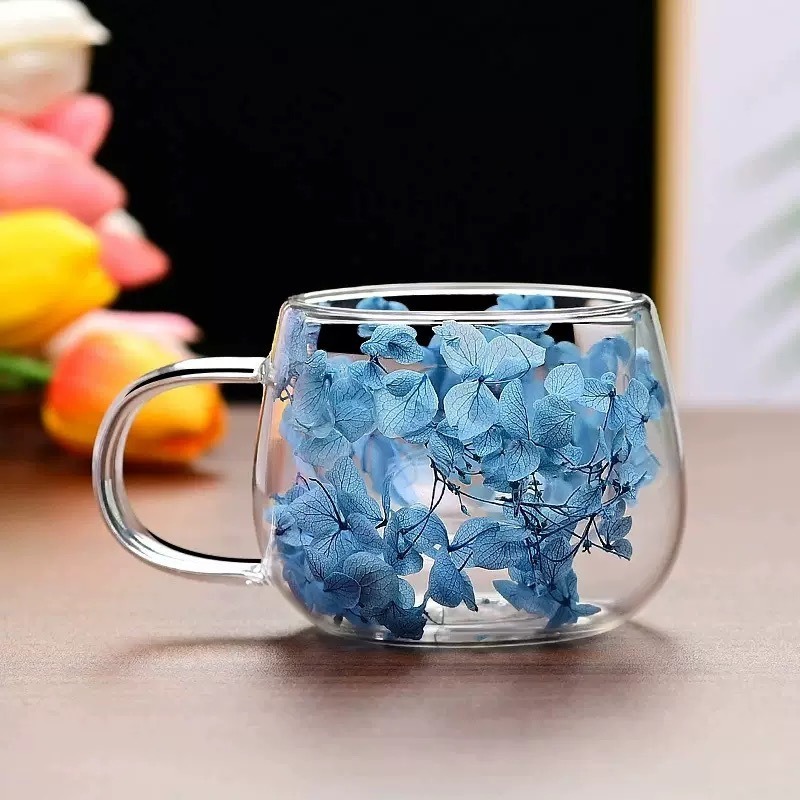 国境を越えたインターネットセレブの本物の花の二重層ガラスの見栄えの良いお土産コーヒーカップ高ホウケイ酸シンプルな丸いドリンクカップ|undefined
