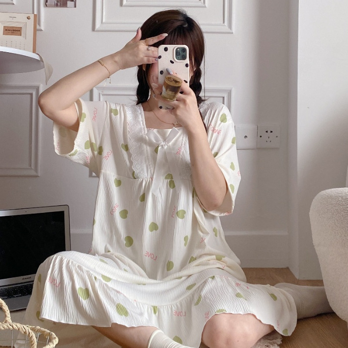 2024 verano cuello cuadrado tela de algodón arrugada delgada mangas cortas dulces pijamas largas niñas ropa de hogar comercio exterior al por mayor