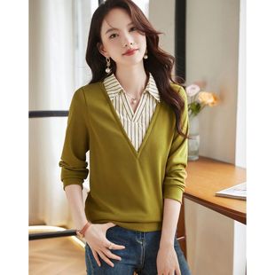 Fake two-piece contrast color striped stitching sweater 2023autumn new casual all-match knitted top