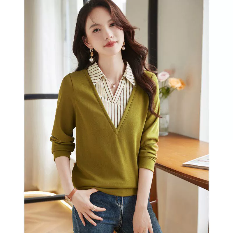 Поддельный свитер из двух частей с контрастной Цветной полоской и строчкой, новый осенний Повседневный подходящий ко всему вязаный Топ 2023 года