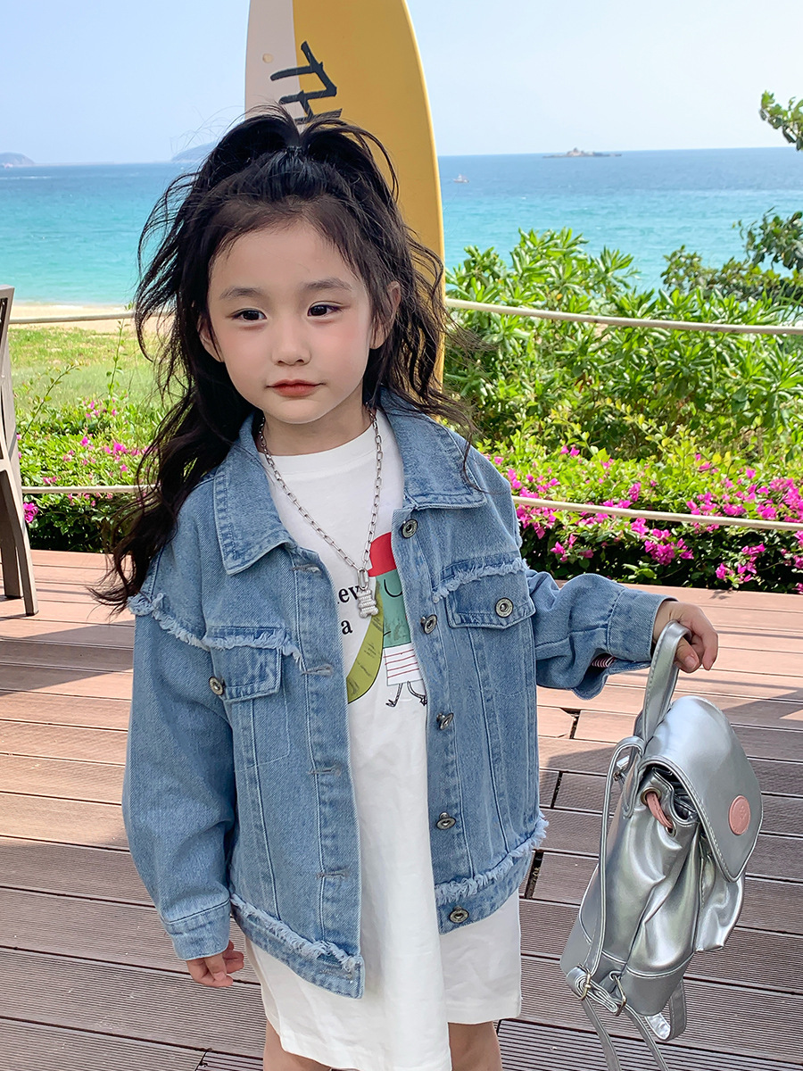 (2개) 2024 새로운 어린이 데님 코트 중국어 및 한국어 버전 데님 긴 소매 나비 소녀 봄 어린이 자켓 카디건