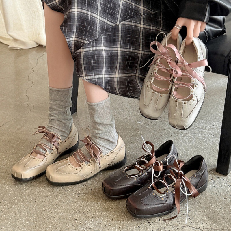 Unique design lace-up ballet shoes for women, 2026 new spring-summer flat shoes, shallow square-toed Mary Jane shoes
