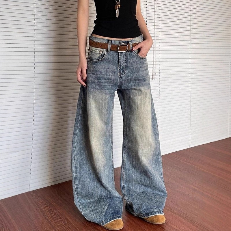 American Retro High Street Cleanfit Bamboo Pattern Distressed Scimitar Jeans Women's Straight Leg Slightly Flared Silhouette Long Pants