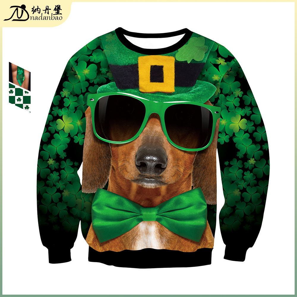 外贸热卖新款长袖衣数码印花爱尔兰圣帕特里克节休闲宽松圆领卫衣