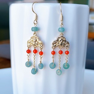 Natural Jadeite A blue water earrings with 14K gold injection accessories ice transparent Chinese style earrings live supply