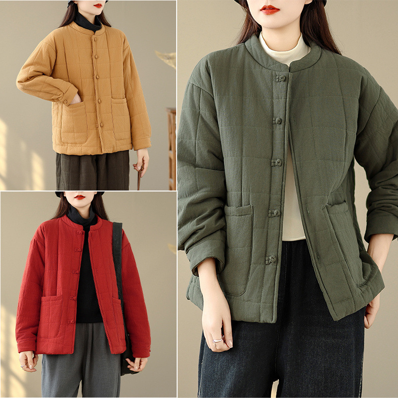 现货2025冬季盘扣女装棉麻棉袄棉服时尚文艺个性女式短棉衣女外套