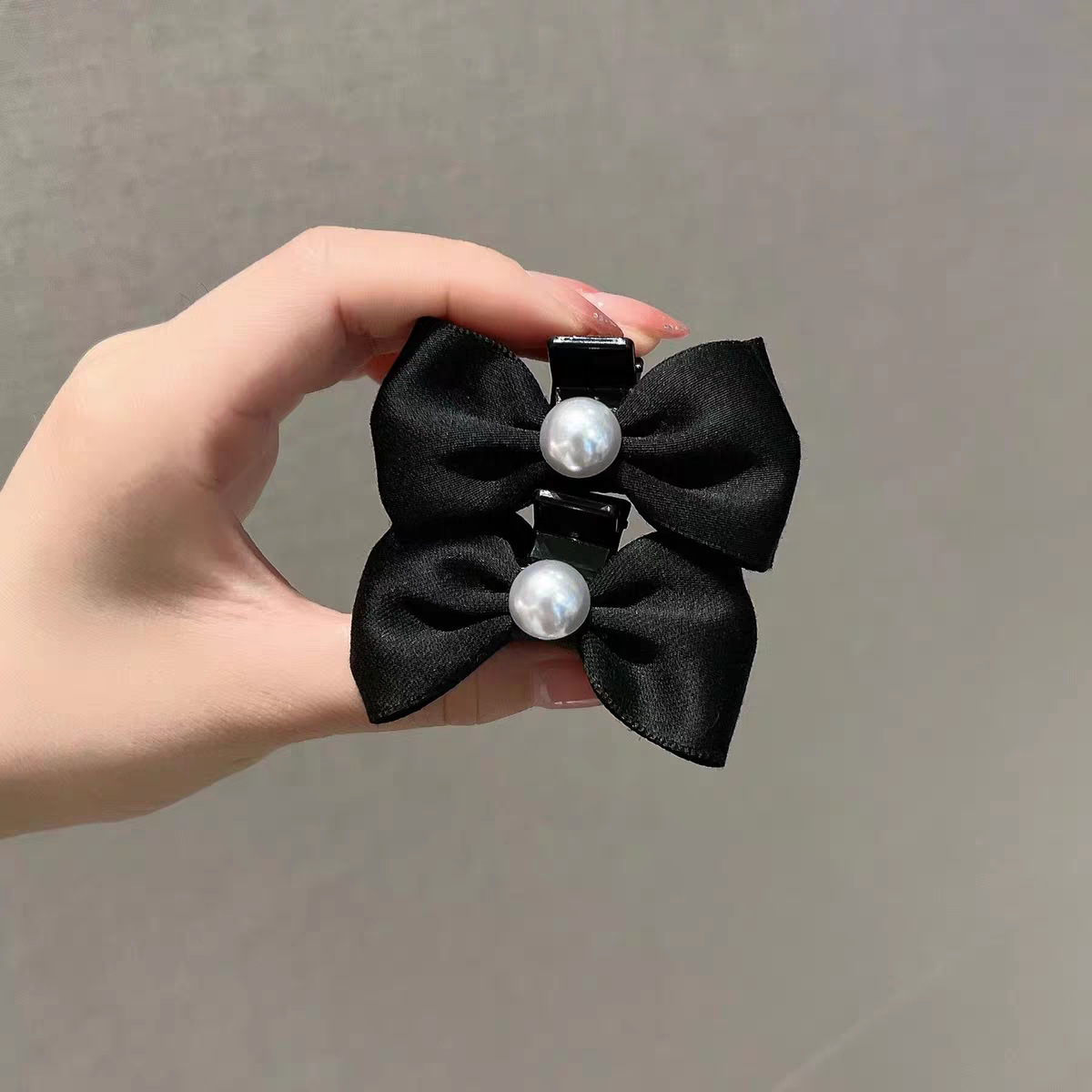 Pair - black bow pearl hairpins