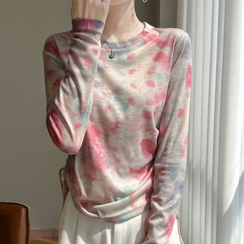 2026 Spring and Summer Women's Loose Round-Neck Retro Printed Thin Long-Sleeved Sun Protection T-Shirt Base Knitwear