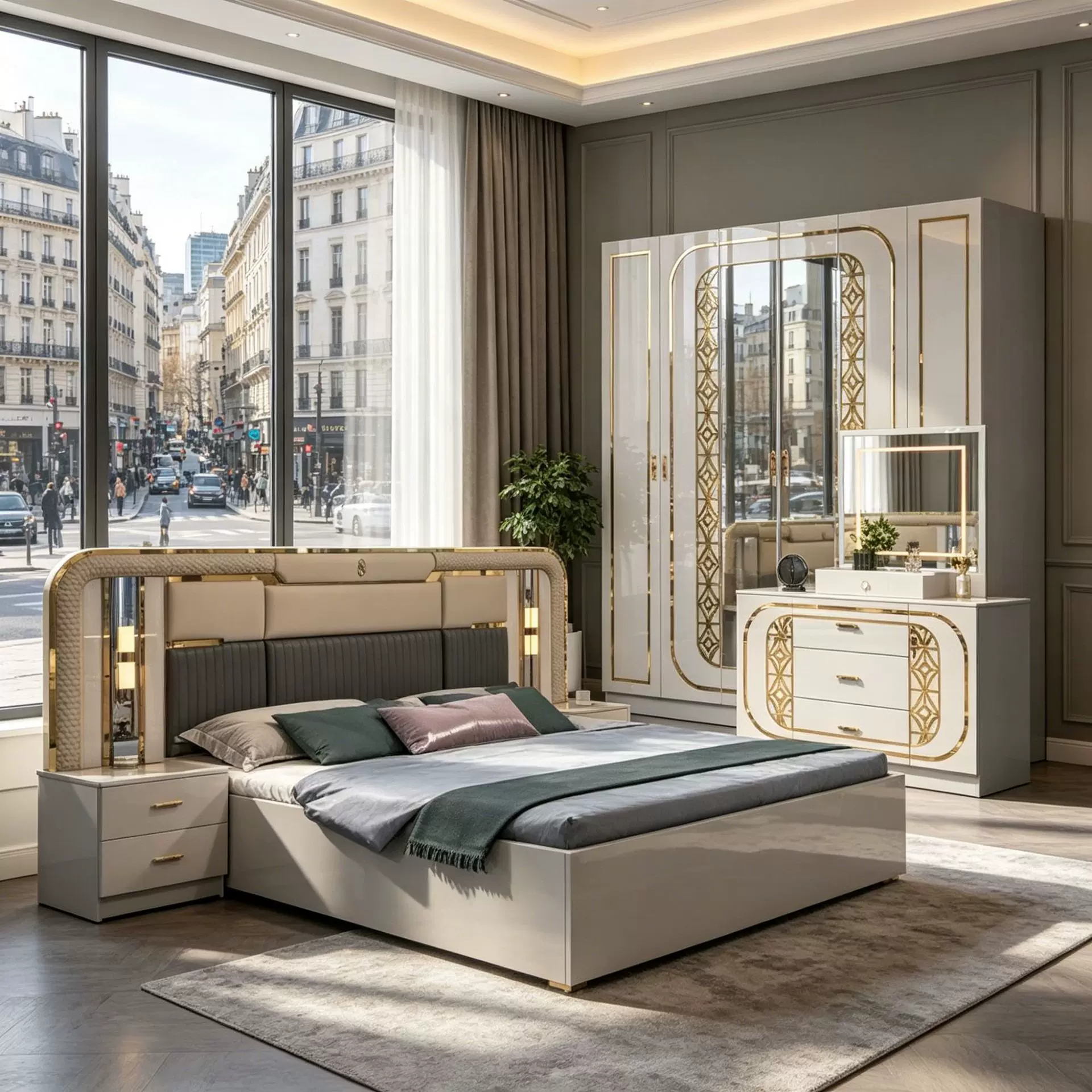 TNBKTFZ108 轻奢鎏金卧室套房 软包大床 + 镜面衣柜 + 带灯梳妆台