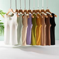 螺紋棉帶胸墊一體寬肩吊帶背心女夏季外穿防走光打底無袖上衣