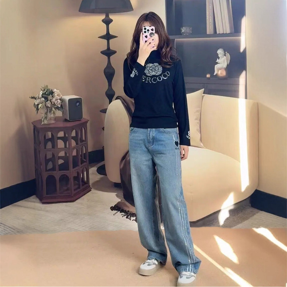 秋冬中领山茶花设计感时尚潮流打底衫修身气质洋气名媛风女装上衣