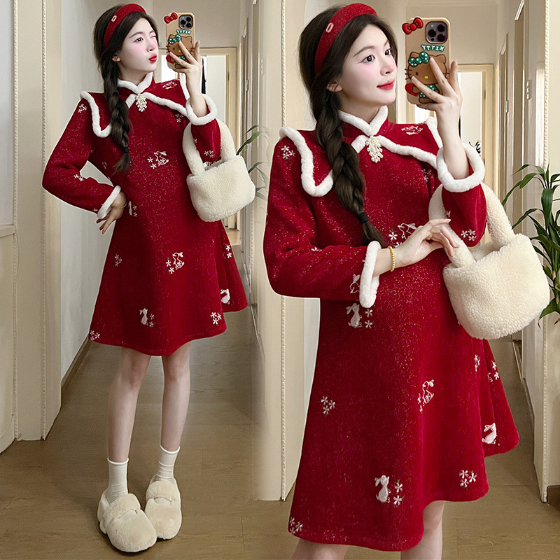 임산부 드레스 가을 겨울 신상품 중국식 붉은 치파오 플러스 벨벳 두꺼운 드레스 복고풍 외출복