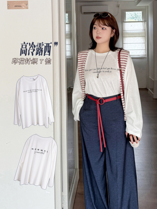 k3137大码女装圆领长袖微透T恤衫打底衫胖妹妹300斤上衣|undefined