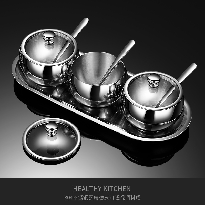 Cross-border 304 stainless steel seasoning jar sealed moisture-proof seasoning jar combination set thickened kitchen seasoning box with spoon