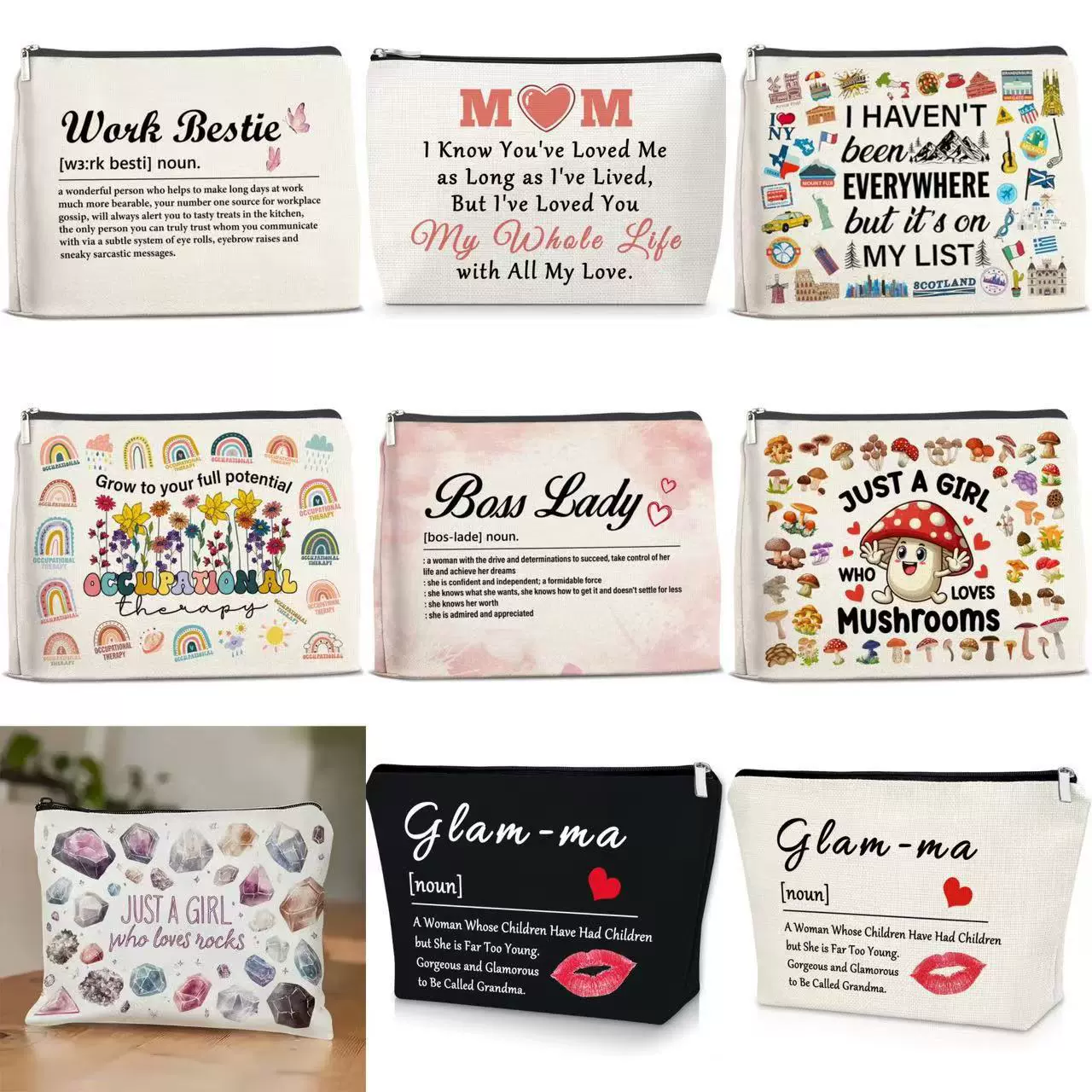 跨境亚马逊Temu爆款语录名词彩虹字母化妆包大容量拉链袋洗漱收纳