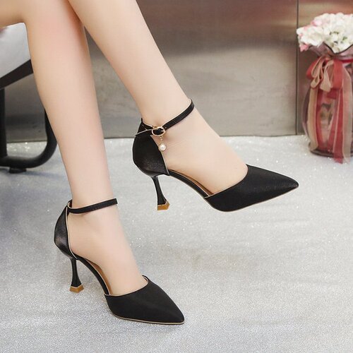 2025 Spring New Fine Heel Pointed Toe Single Strap Hollow High Heels Silk Satin Little Women's Shoes Wholesale