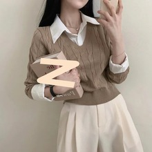 韩版衬衣领拼接假两件针织衫女新款秋季收腰短款套头上衣