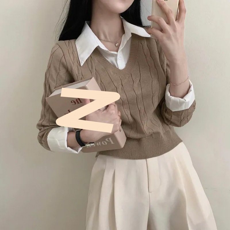 韩版衬衣领拼接假两件针织衫女新款秋季收腰短款套头上衣