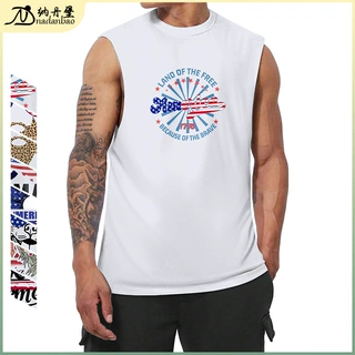 跨境新品圆领男士宽松背心独立日服装彩色logo烫画纯白无袖上衣男