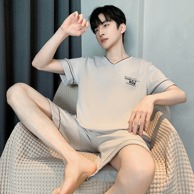 여름 반팔 반바지 파자마 남성면 바지 세트 홈 옷 느슨한 풀오버 청소년 인터넷 연예인 홈 옷