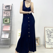 跨境女装法式名媛风针织吊带裙长款U领无袖修身显瘦鱼尾连衣裙女