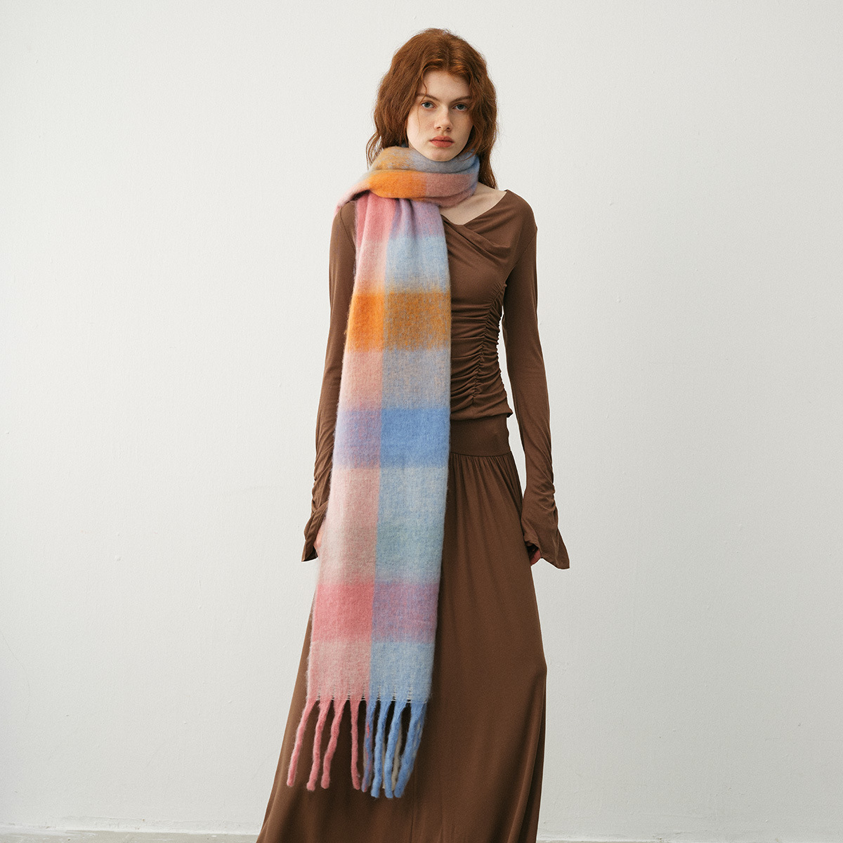 Classic cotton candy rainbow check cashmere scarf Women's Winter soft extended patchwork check bib shawl_voghion.com