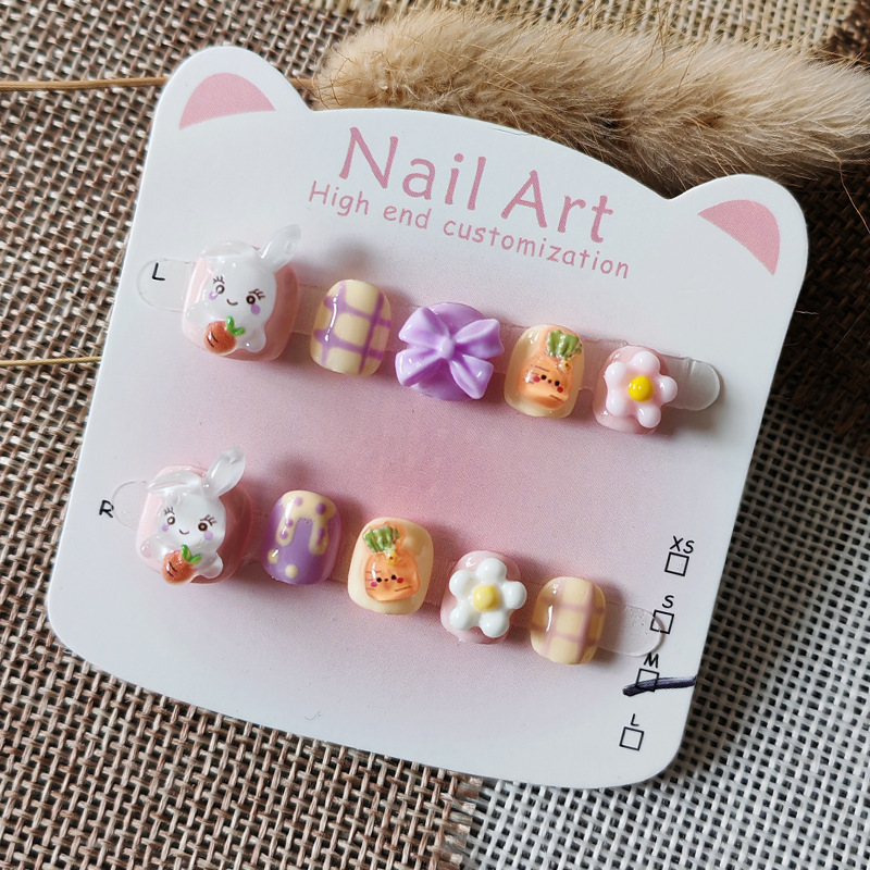 Cartoon Carrot Rabbit Children's Handmade Manicure Wearable Nails 3-6-10 Years Old Little Girls Anti-Bite Nail Patch