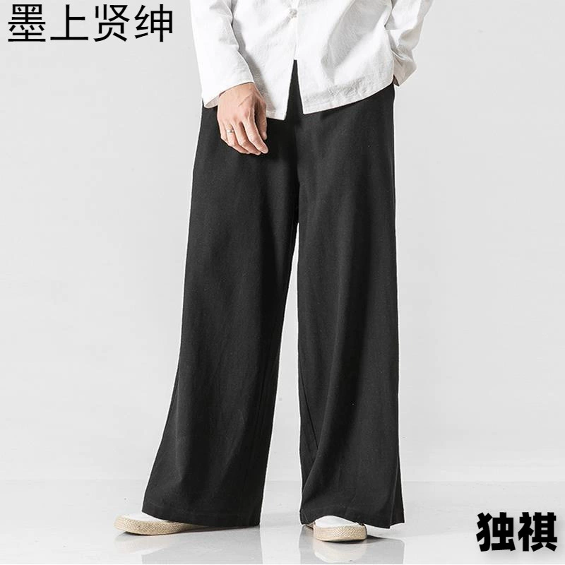 Китайский стиль мужские льняные брюки весна и лето прямые брюки хлопок льна повседневные брюки свободные большие размеры широкие брюки юбка