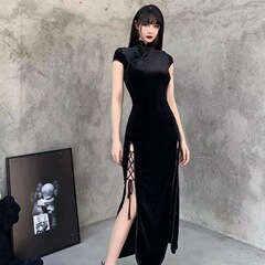 レトロ中国風ベルベットチャイナドレス改良ワンピース新中国式オープンフォーク背の高いクール颯爽黒気質ロングスカート