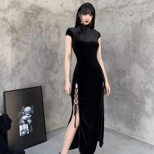 Retro Chinese style velvet cheongsam improved dress new Chinese style split tall cool chic black temperament dress