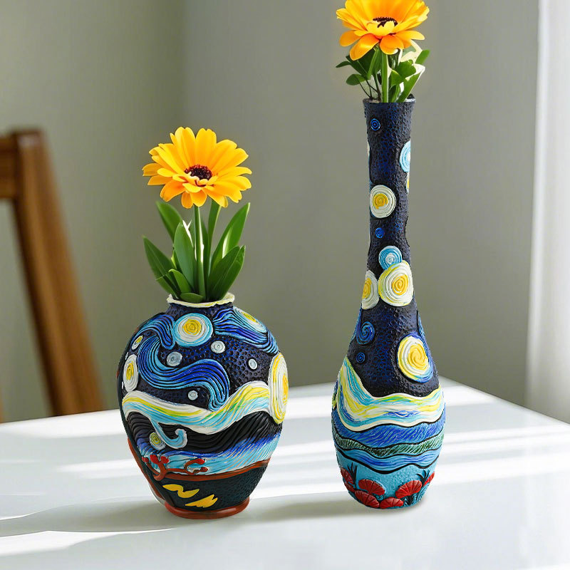 Overseas Hot Selling Van Gogh Art Inspiration Starry Night 3 Piece Set Resin Vase Home Desktop Flower Ornaments Decorations