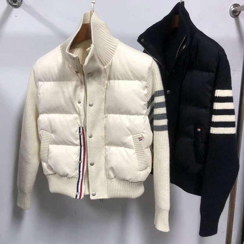 Tb Autumn and Winter Four Stripes Contrasting Stripess Knitted Stitching Stand Collar White Duck down Jacket Short Casual Women's Jacket