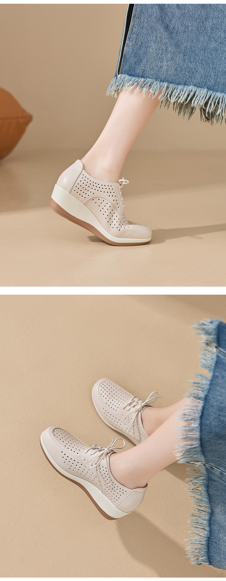 Giày da bò đục lỗ nữ đế xuồng platform gót 5 cm — màu trắng ngà chi tiết 5