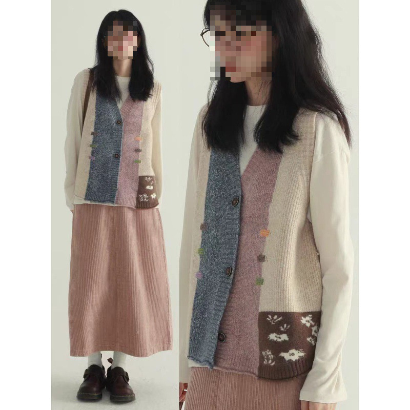 New Ethnic Style Retro Vest Knitwear Women's Patchwork Vest Top College Style Loose Layered Short Waistcoat