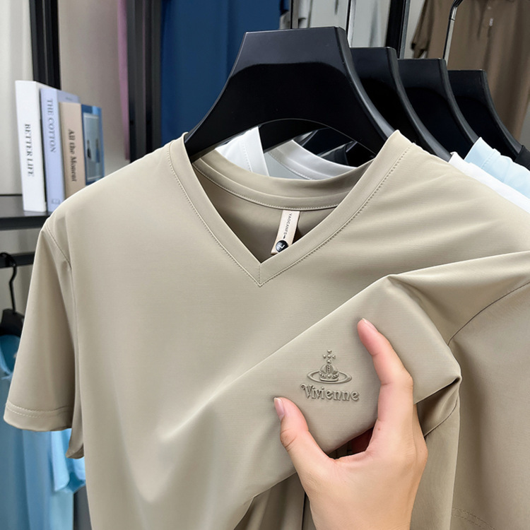 2026 Summer New Style V-Neck Men's Short-Sleeved T-Shirt Ice Silk Casual Sweetheart Collar T-Shirt Loose Quick-Drying Half-Sleeved Top