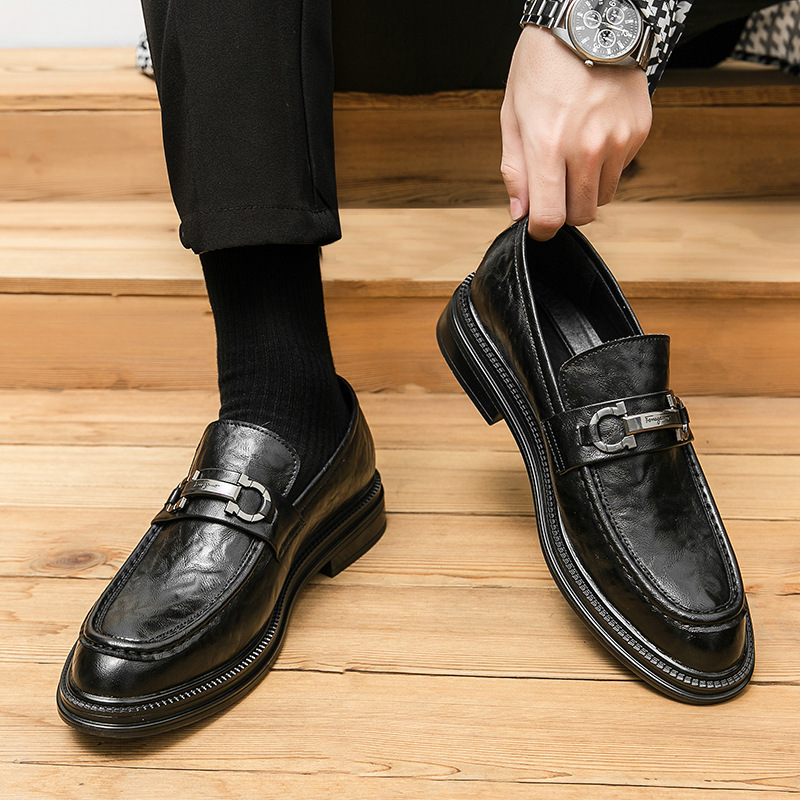 Spring and Autumn Men's Business Genuine Leather Casual Shoes, British Style Height-Increasing Formal Pointed-Toe Leather Shoes, Korean Style Slip-On Trendy Shoes