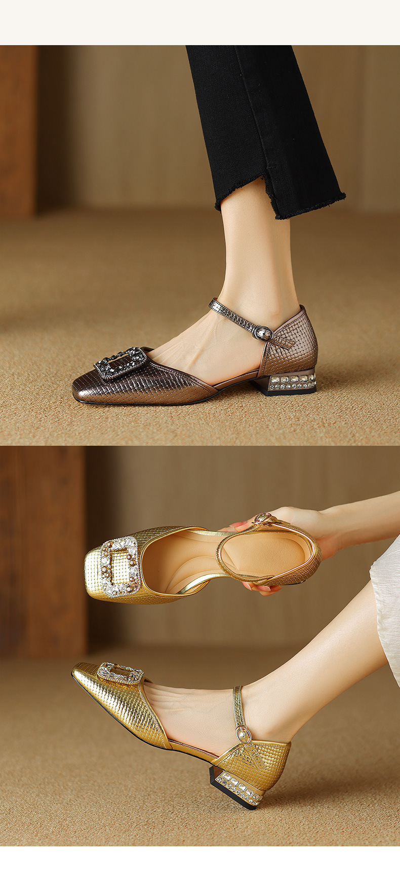 Sandal nữ bít mũi đế bệt da bò khóa vuông đính đá rhinestone — Màu vàng chi tiết 10